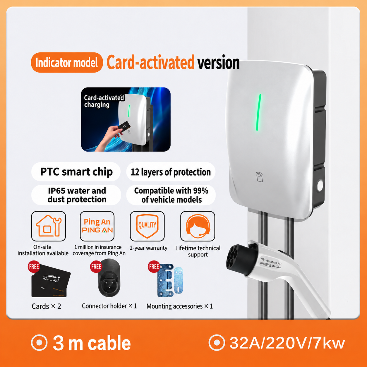 7 kW · 3 m · Card-activated configuration illustration