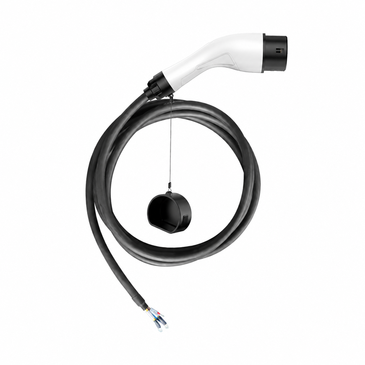 Complete white AC charging connector, coiled black cable, cap and unfinished cable end