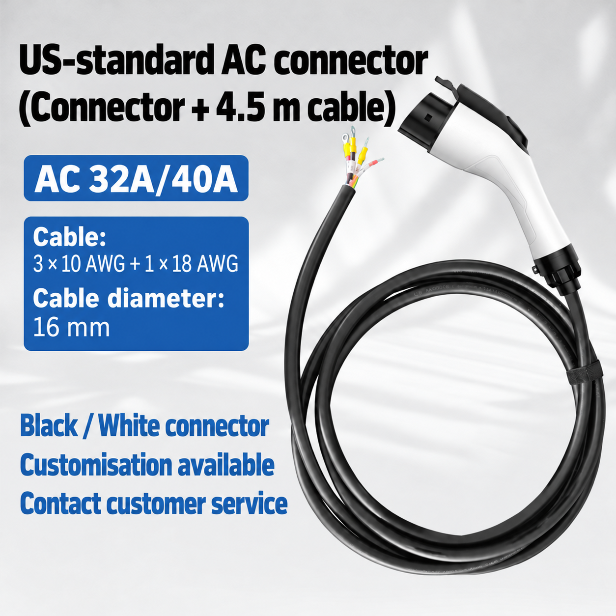 Source illustration of the 32/40A US-style connector and complete 4.5m cable